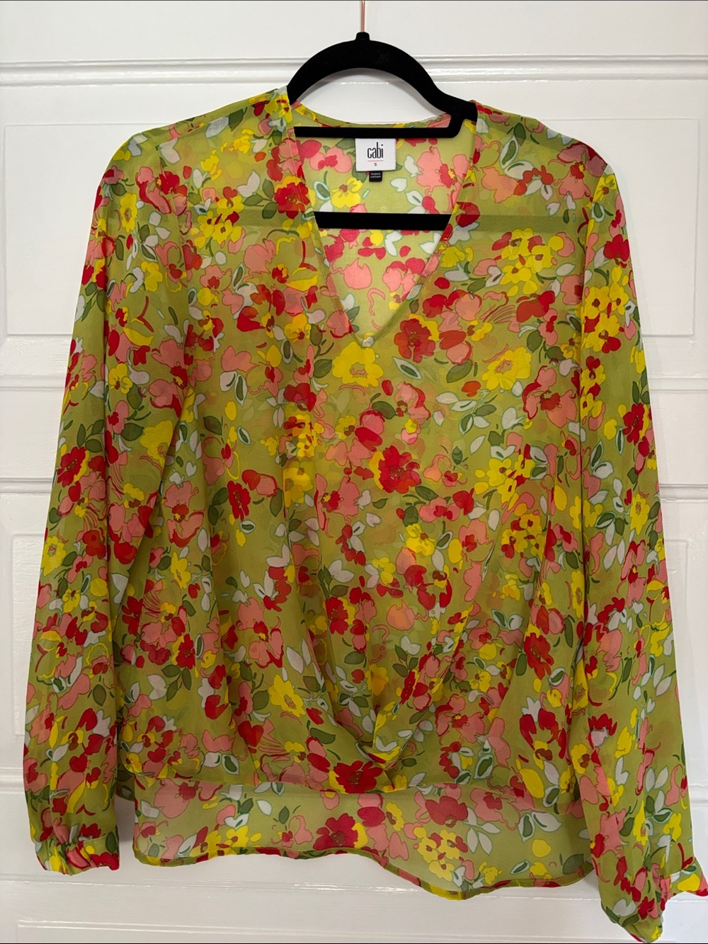 CAbi Olive Green Floral Sheer V-Neck Blouse